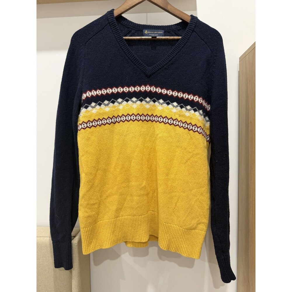 Brooks Brother Mens Navy Yellow M Merino Wool Italian Fair Isle Sweater V-Neck